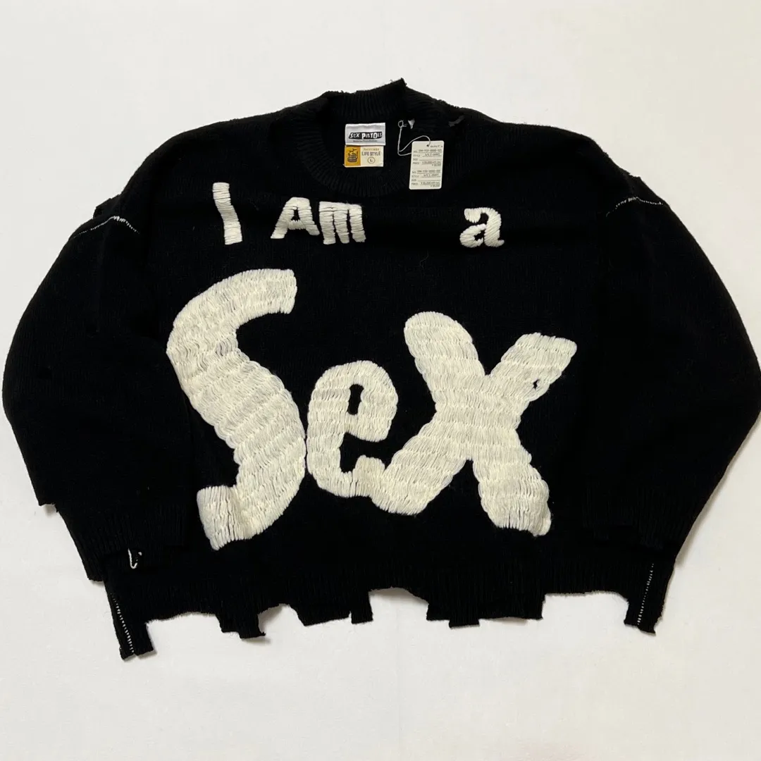SAINT Mxxxxxx × Sex Pistols SP_CREW KNT/IAMA/BLK SEX PISTOLS band joint model destroyed hand-embroidered sweater, black S-XL, original 85% wool/15% polyester fiber blend, super complex front and rear panels, large-area hand-embroidery, hand-cut destruction treatment, custom-made correct joint main mark/wash mark